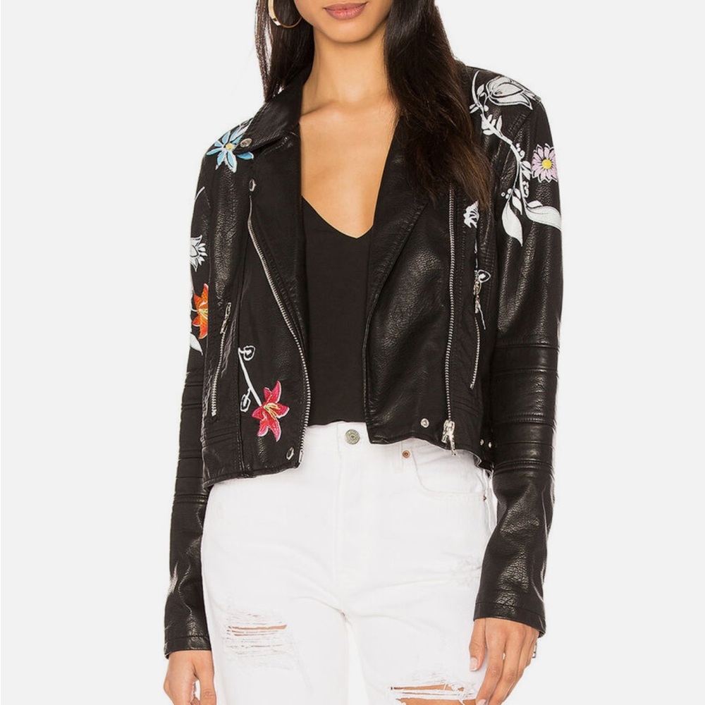 Women's Black Floral Embroidered Leather Moto Jacket